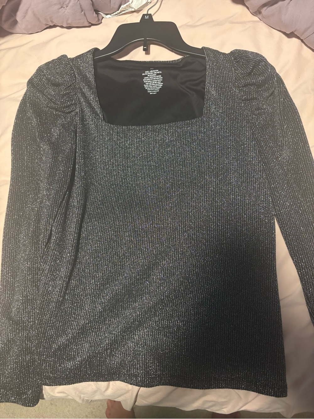 Nine West Shimmery Black Square-Neck Long Sleeve Top